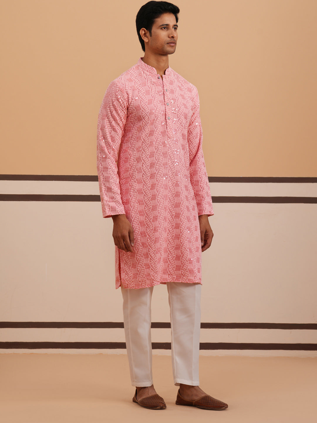 Sequin-Embellished Rayon Embroidered Kurta Pyjama ( 65KP P 5331 P 5331Peach ) [FF] [O-6]