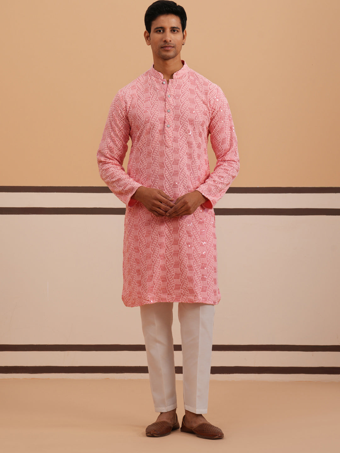 Sequin-Embellished Rayon Embroidered Kurta Pyjama ( 65KP P 5331 P 5331Peach ) [FF] [O-6]