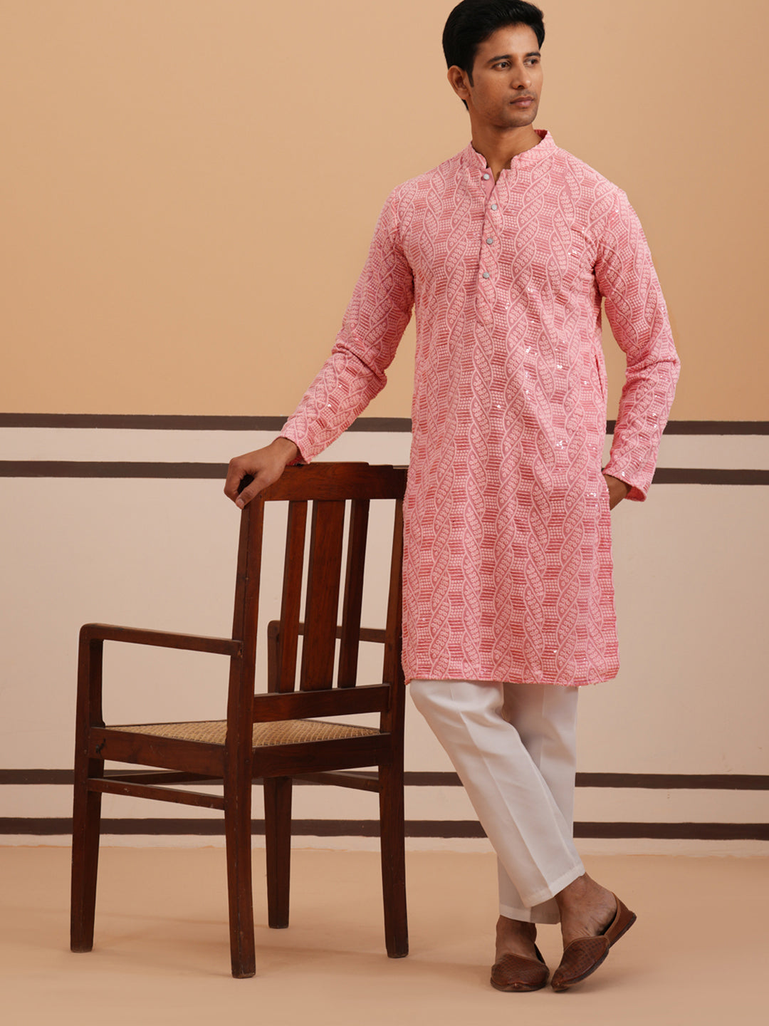 Sequin-Embellished Rayon Embroidered Kurta Pyjama ( 65KP P 5331 P 5331Peach ) [FF] [O-6]