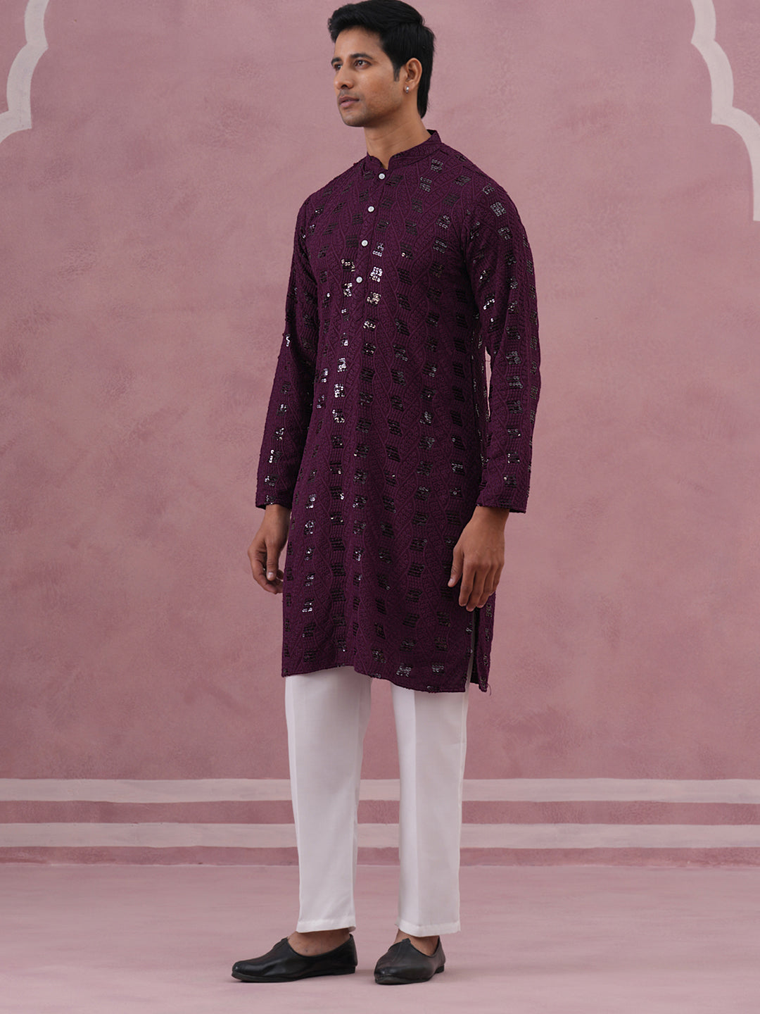 Sequin-Embellished Rayon Embroidered Kurta Pyjama (65KP P 5331 Purple ) [FF] [O-6]