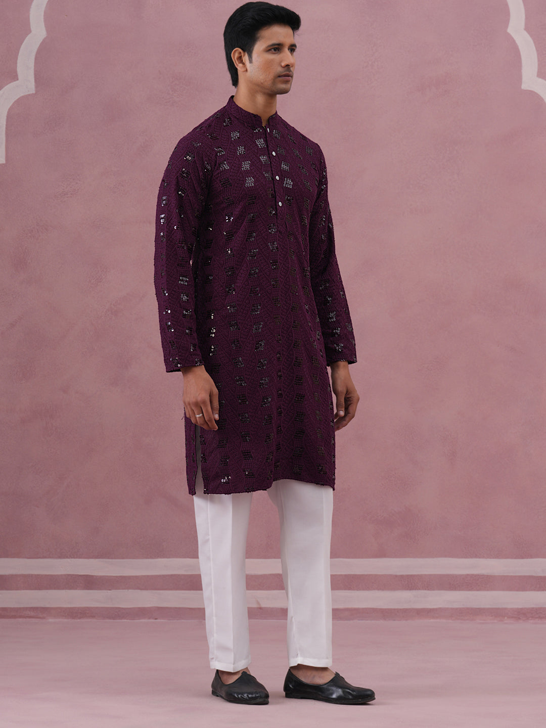 Sequin-Embellished Rayon Embroidered Kurta Pyjama (65KP P 5331 Purple ) [FF] [O-6]