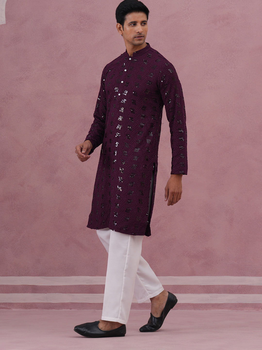 Sequin-Embellished Rayon Embroidered Kurta Pyjama (65KP P 5331 Purple ) [FF] [O-6]