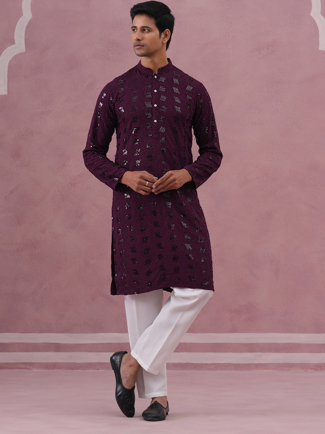 Sequin-Embellished Rayon Embroidered Kurta Pyjama (65KP P 5331 Purple ) [FF] [O-6]