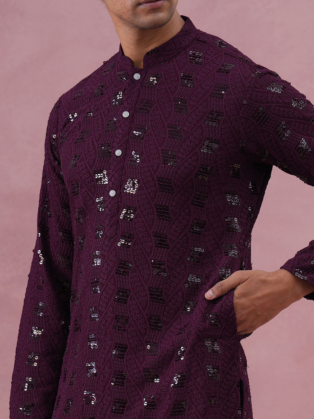 Sequin-Embellished Rayon Embroidered Kurta Pyjama (65KP P 5331 Purple ) [FF] [O-6]