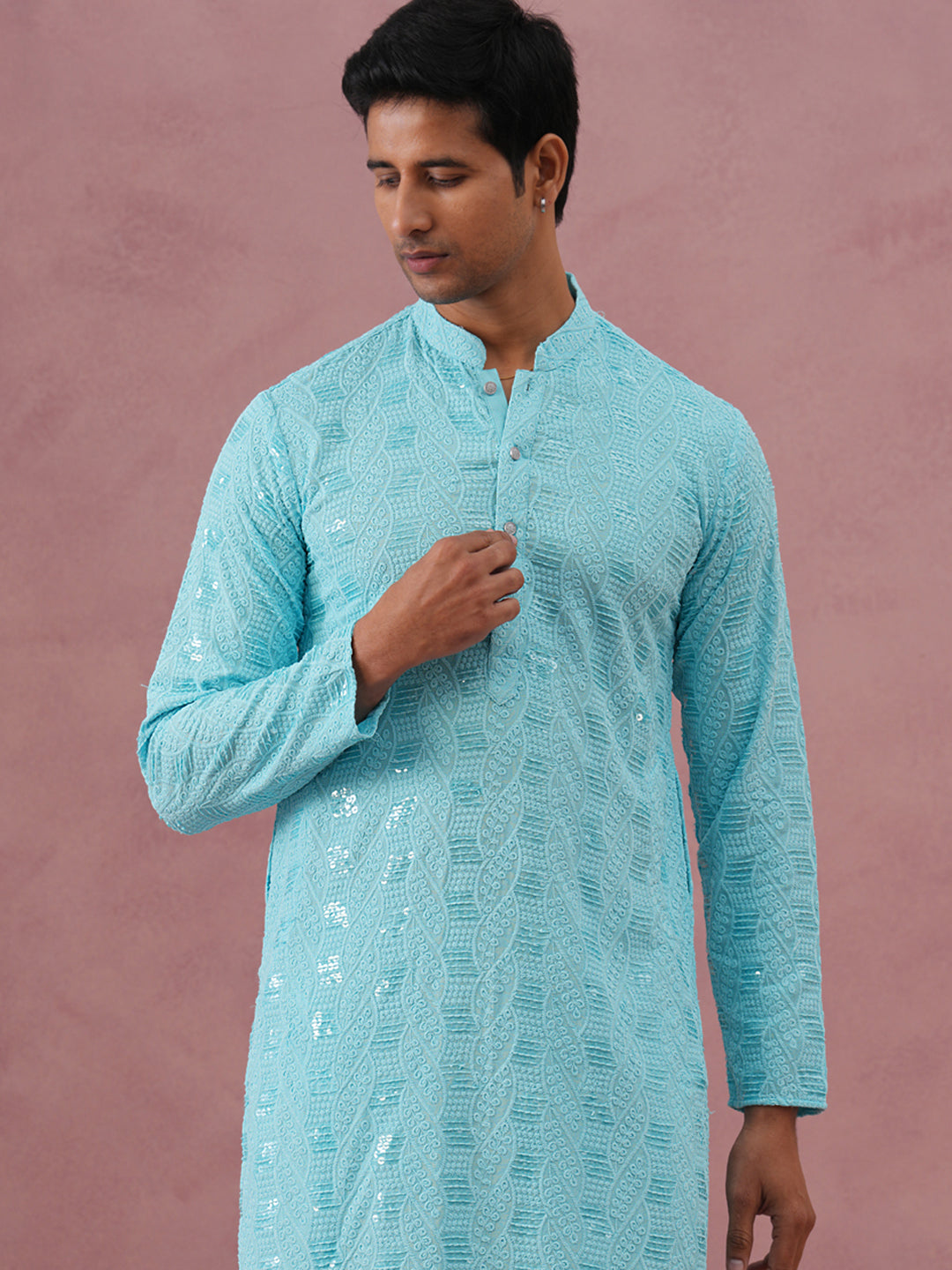 Sequin-Embellished Rayon Embroidered Kurta Pyjama ( 65KP P 5331 P 5331Sky ) [FF] [O-6]