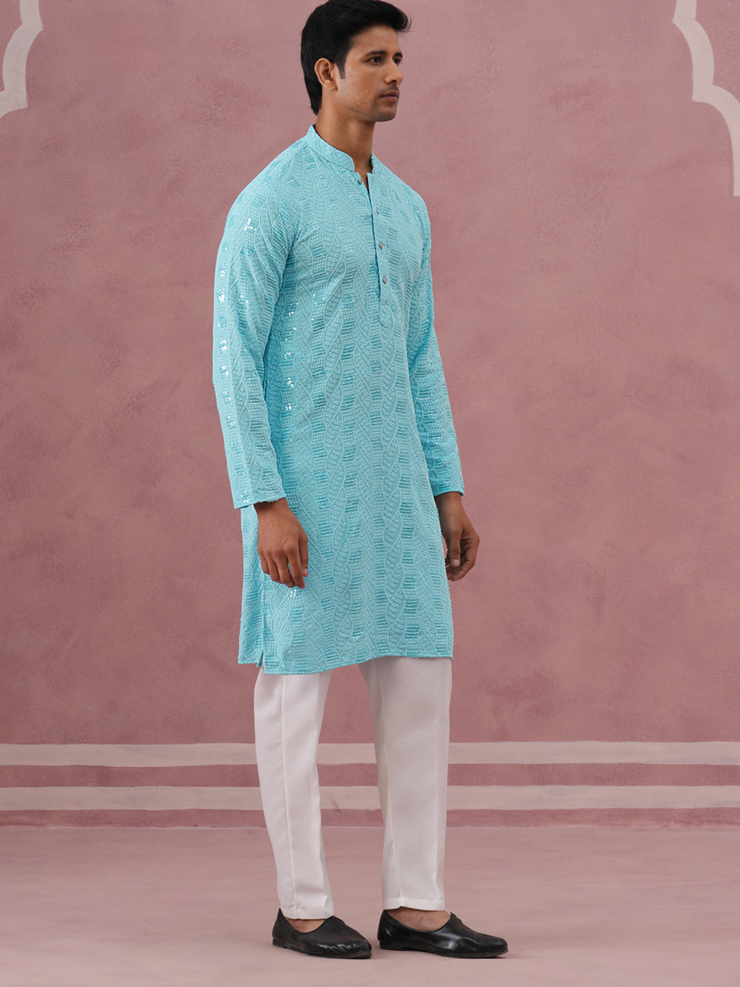 Sequin-Embellished Rayon Embroidered Kurta Pyjama ( 65KP P 5331 P 5331Sky ) [FF] [O-6]