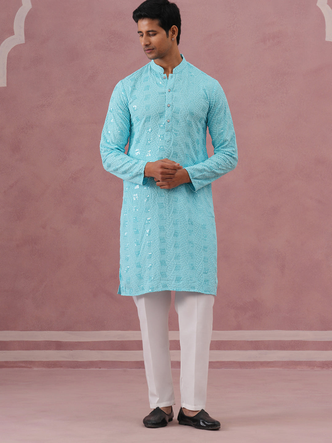 Sequin-Embellished Rayon Embroidered Kurta Pyjama ( 65KP P 5331 P 5331Sky ) [FF] [O-6]