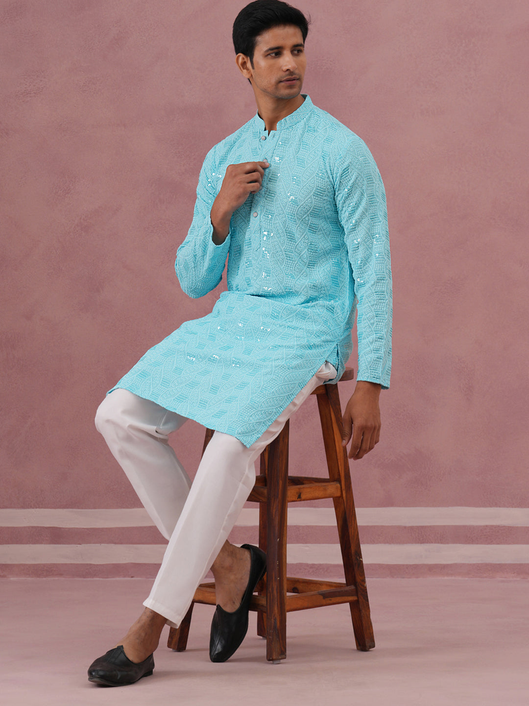 Sequin-Embellished Rayon Embroidered Kurta Pyjama ( 65KP P 5331 P 5331Sky ) [FF] [O-6]