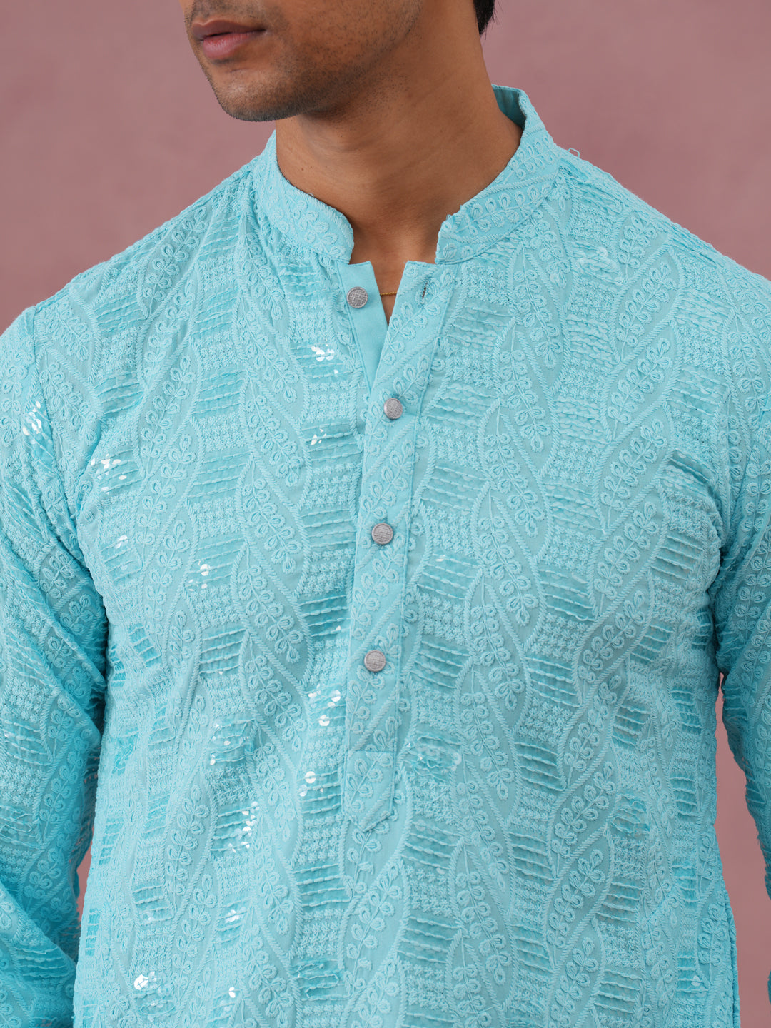 Sequin-Embellished Rayon Embroidered Kurta Pyjama ( 65KP P 5331 P 5331Sky ) [FF] [O-6]