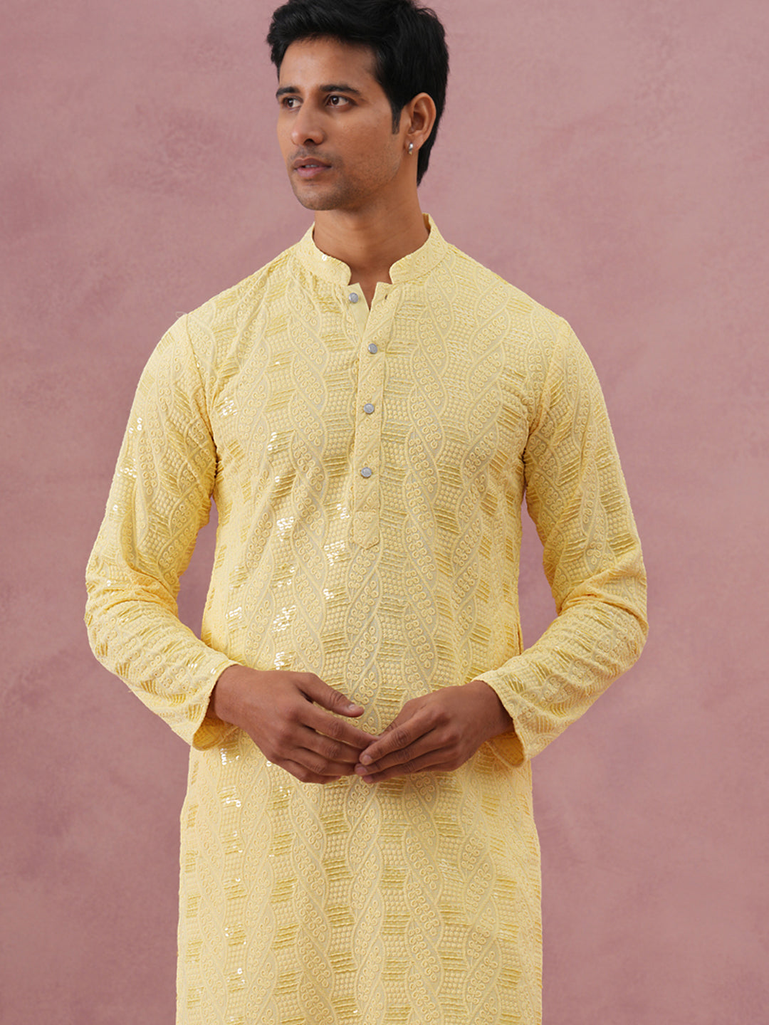 Sequin-Embellished Rayon Embroidered Kurta Pyjama (65KP P 5331 Yellow ) [FF] [O-6]