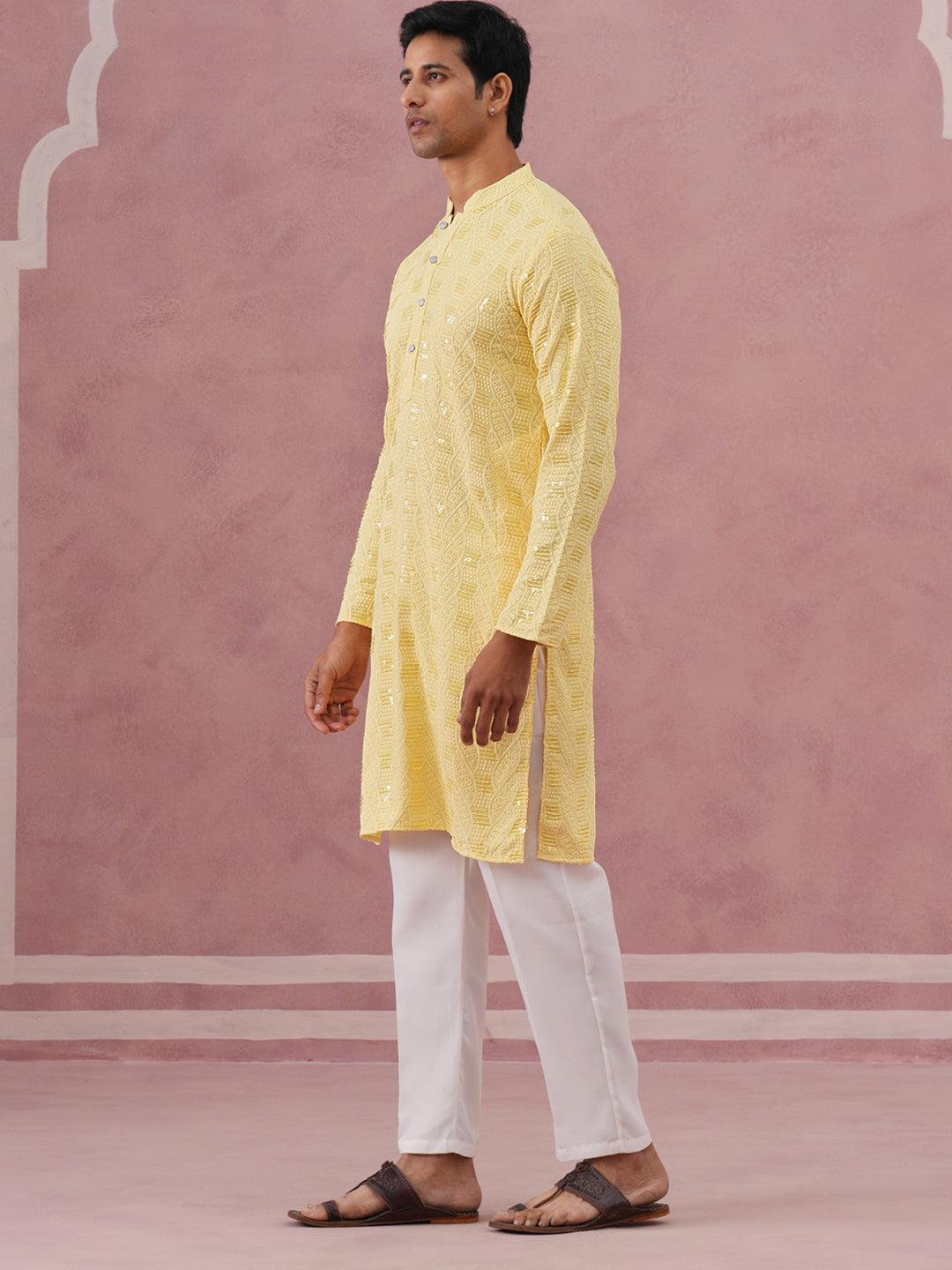 Sequin-Embellished Rayon Embroidered Kurta Pyjama (65KP P 5331 Yellow ) [FF] [O-6]