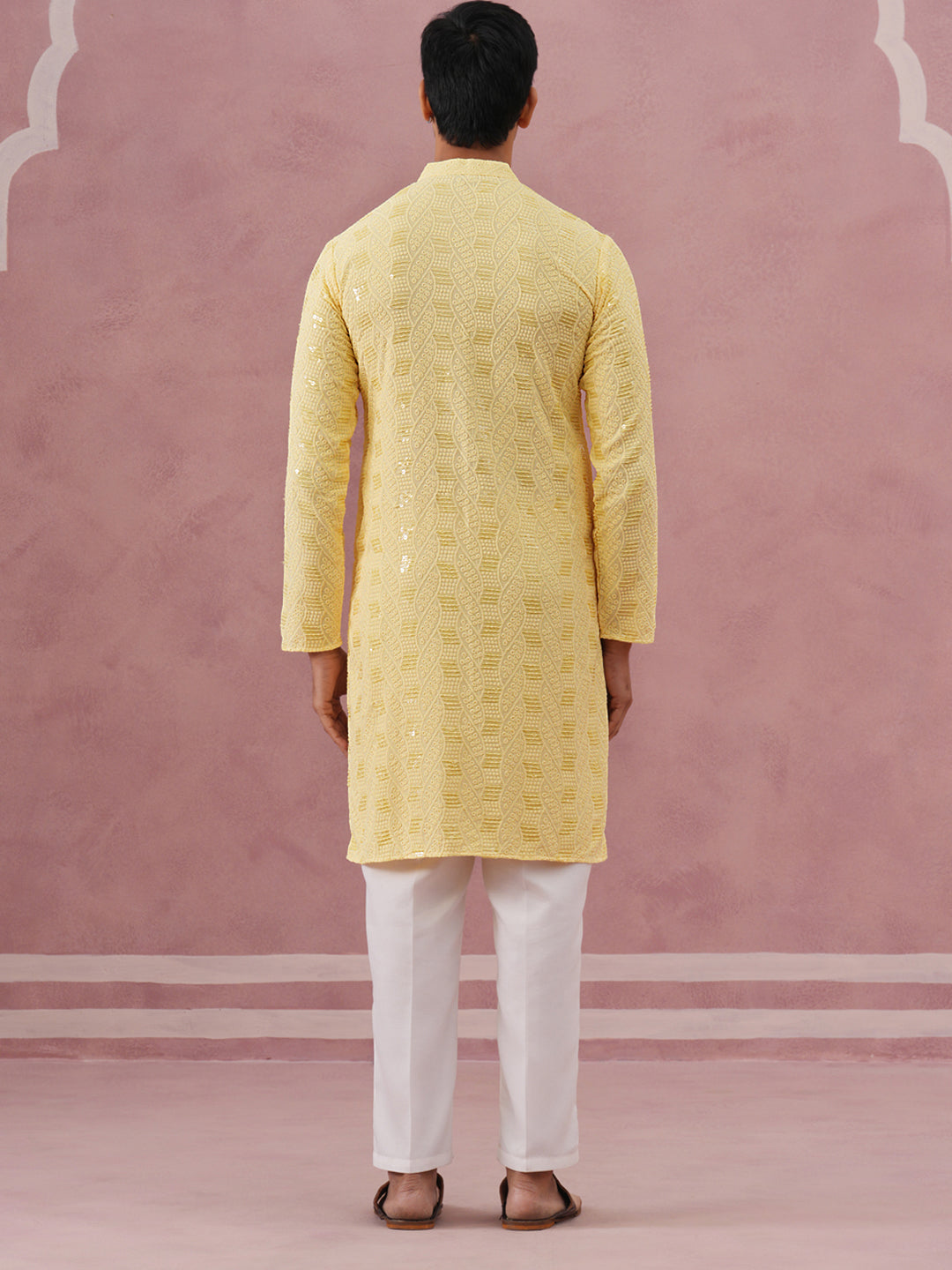 Sequin-Embellished Rayon Embroidered Kurta Pyjama (65KP P 5331 Yellow ) [FF] [O-6]