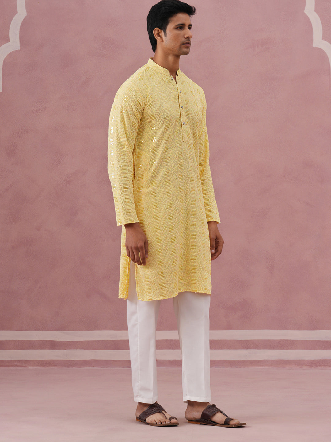 Sequin-Embellished Rayon Embroidered Kurta Pyjama (65KP P 5331 Yellow ) [FF] [O-6]