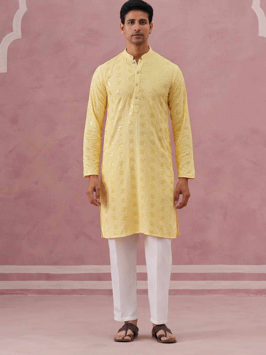 Sequin-Embellished Rayon Embroidered Kurta Pyjama (65KP P 5331 Yellow ) [FF] [O-6]