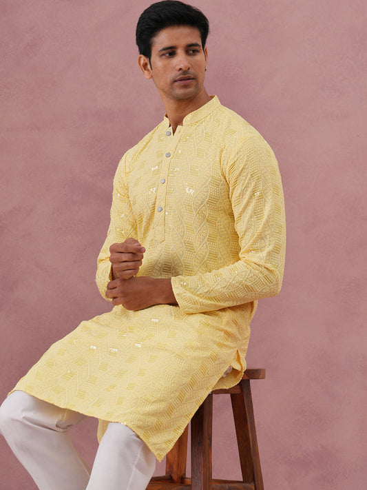 Sequin-Embellished Rayon Embroidered Kurta Pyjama (65KP P 5331 Yellow ) [FF] [O-6]