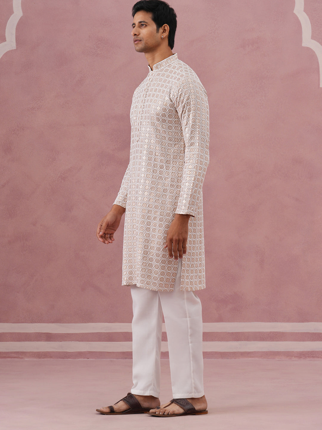 Men’s Rayon Sequin Embroidered Kurta Pyjama (65KP P 5332 Beige ) [FF] [E-8-7]
