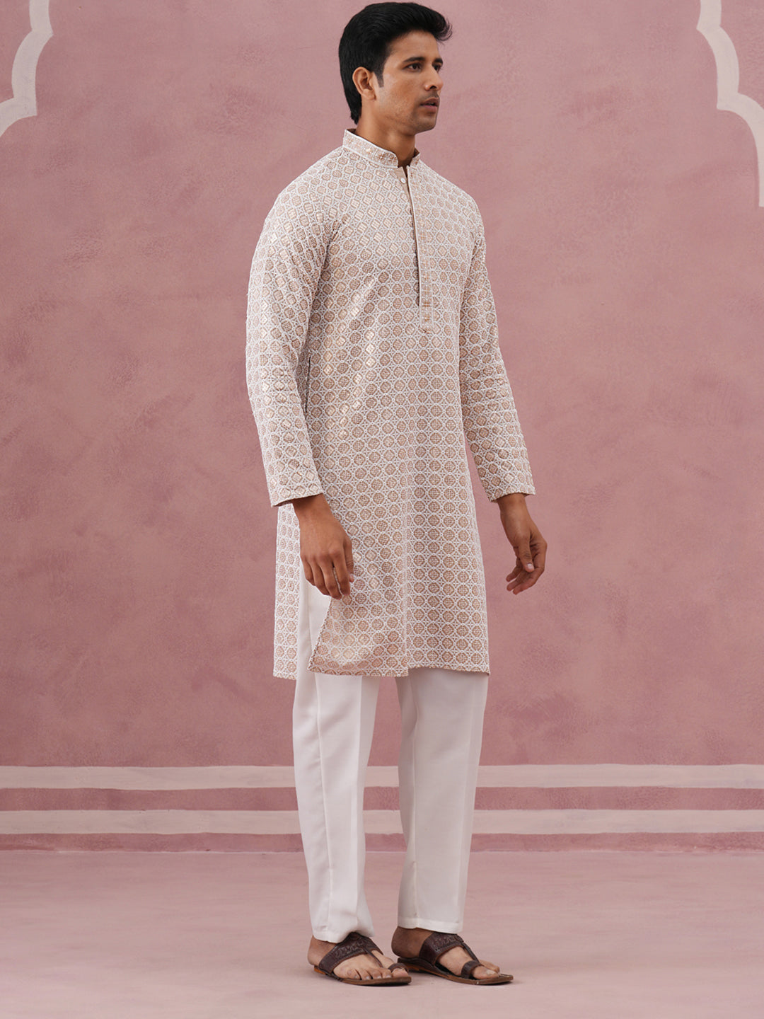 Men’s Rayon Sequin Embroidered Kurta Pyjama (65KP P 5332 Beige ) [FF] [E-8-7]