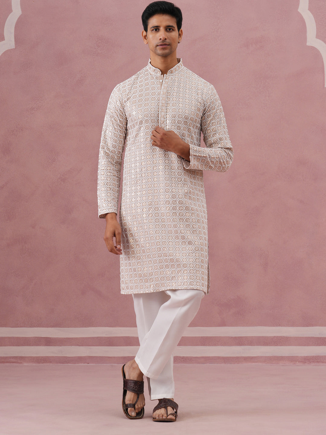 Men’s Rayon Sequin Embroidered Kurta Pyjama (65KP P 5332 Beige ) [FF] [E-8-7]