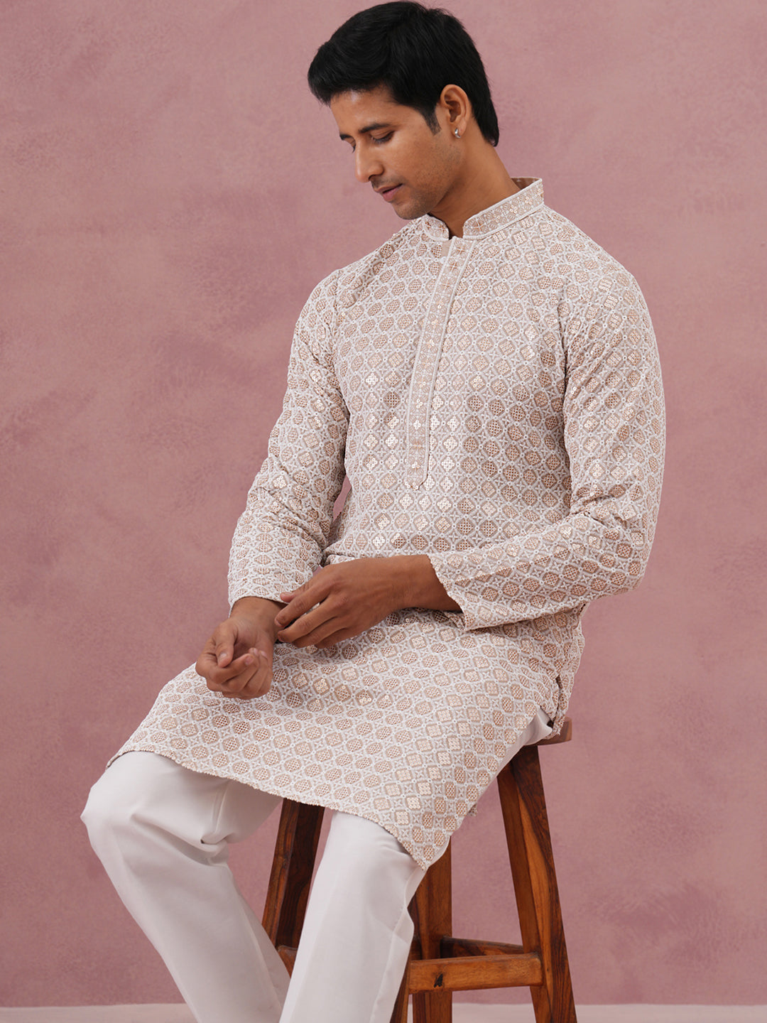 Men’s Rayon Sequin Embroidered Kurta Pyjama (65KP P 5332 Beige ) [FF] [E-8-7]