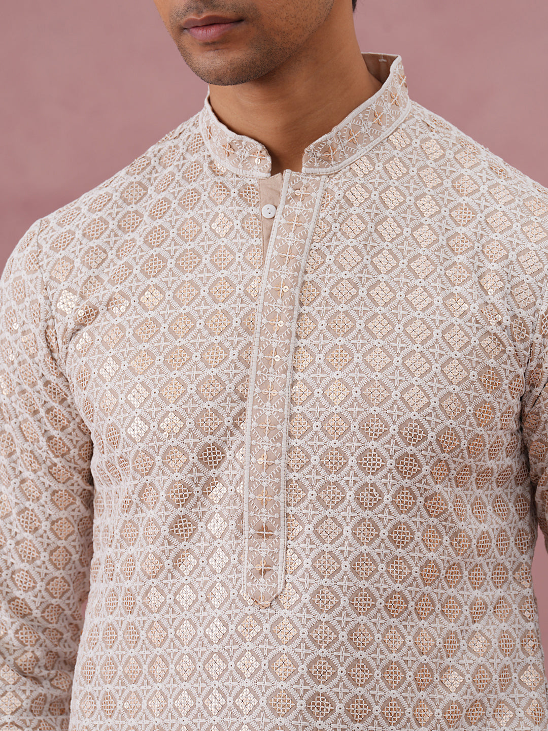 Men’s Rayon Sequin Embroidered Kurta Pyjama (65KP P 5332 Beige ) [FF] [E-8-7]