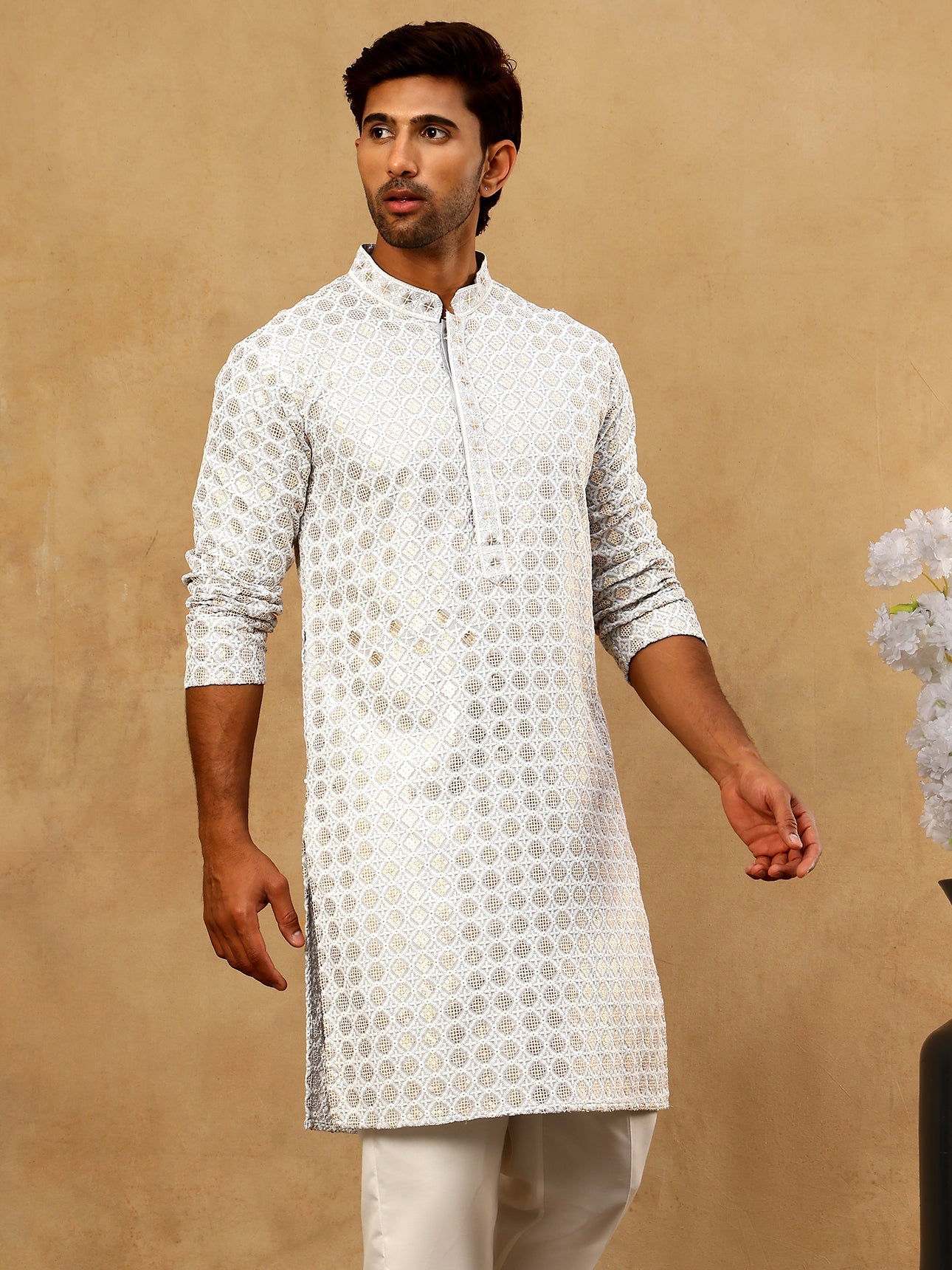 Men’s Rayon Sequin Embroidered Kurta Pyjama ( 65KP 5332Grey )