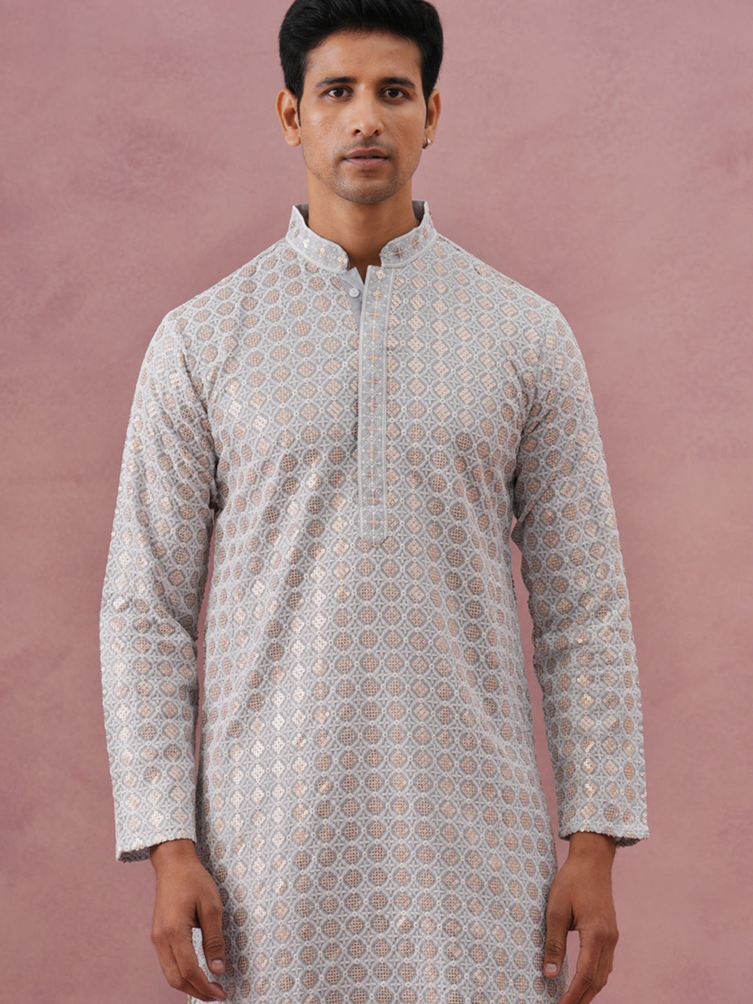 Men’s Rayon Sequin Embroidered Kurta Pyjama (65KP P 5332 Grey ) [FF] [E-8-7]
