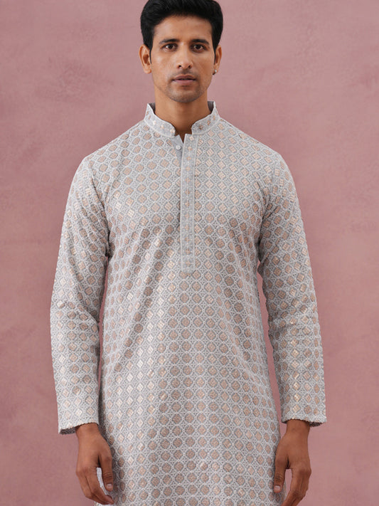 Men’s Rayon Sequin Embroidered Kurta Pyjama (65KP P 5332 Grey ) [FF] [E-8-7]