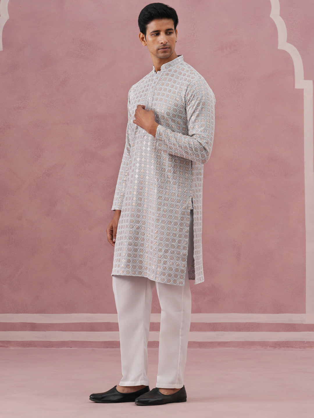 Men’s Rayon Sequin Embroidered Kurta Pyjama (65KP P 5332 Grey ) [FF] [E-8-7]