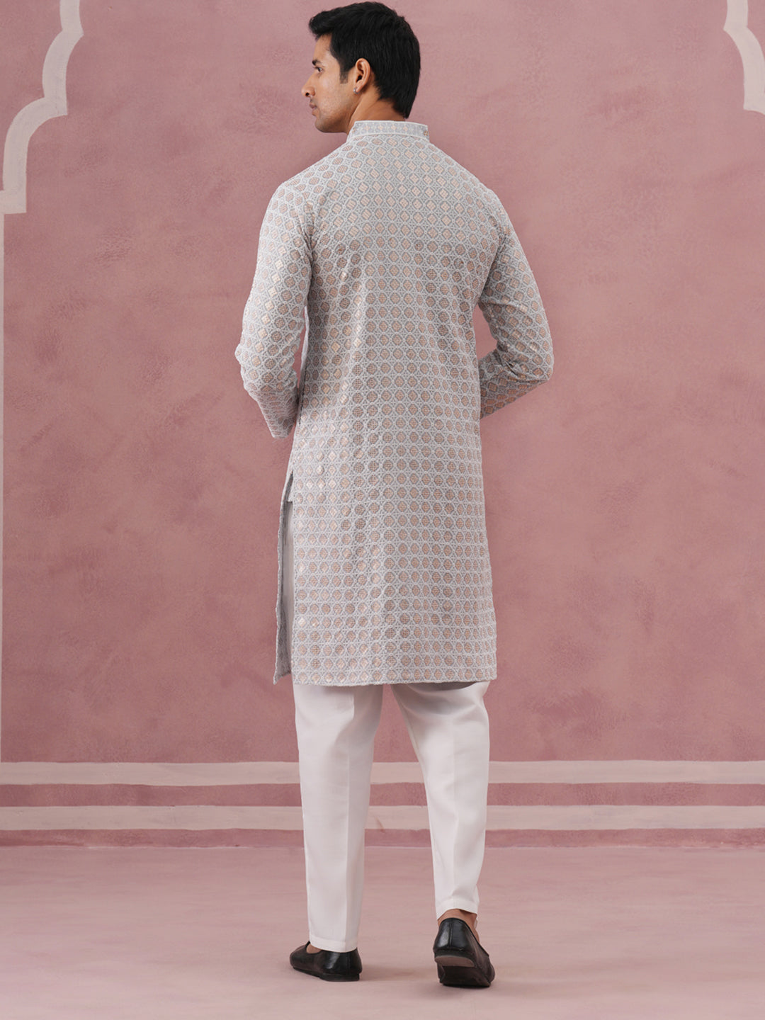 Men’s Rayon Sequin Embroidered Kurta Pyjama (65KP P 5332 Grey ) [FF] [E-8-7]