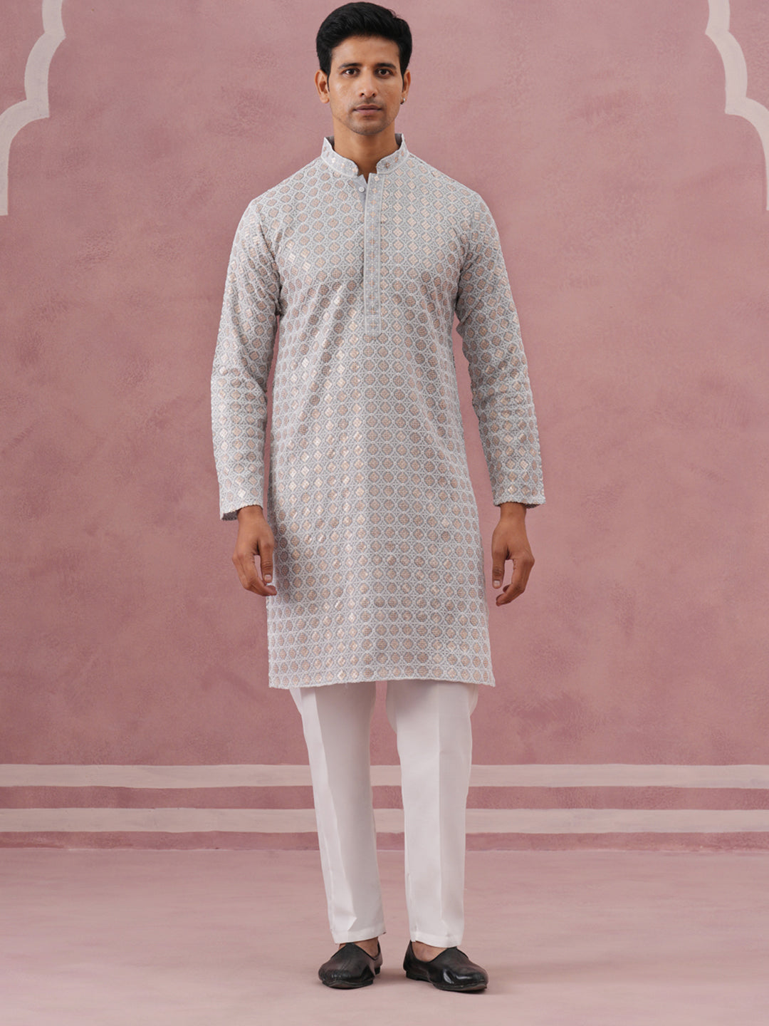 Men’s Rayon Sequin Embroidered Kurta Pyjama (65KP P 5332 Grey ) [FF] [E-8-7]