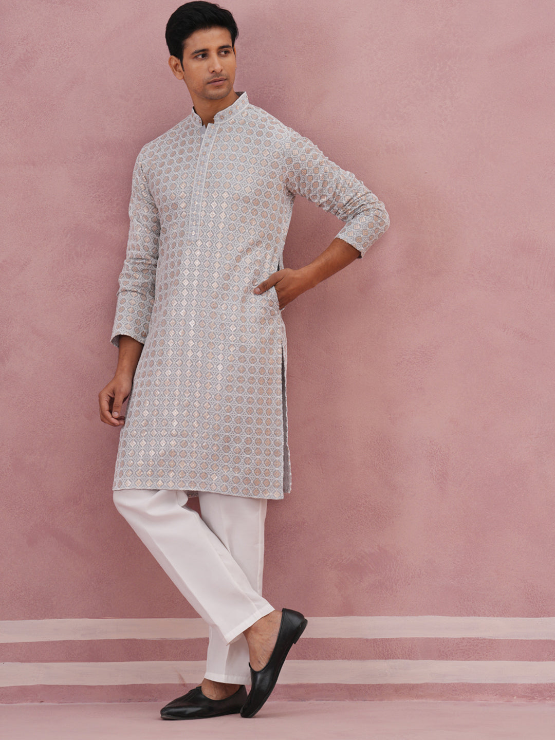 Men’s Rayon Sequin Embroidered Kurta Pyjama (65KP P 5332 Grey ) [FF] [E-8-7]