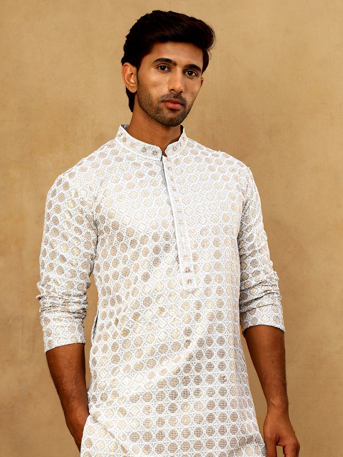 Men’s Rayon Sequin Embroidered Kurta Pyjama ( 65KP 5332Grey )