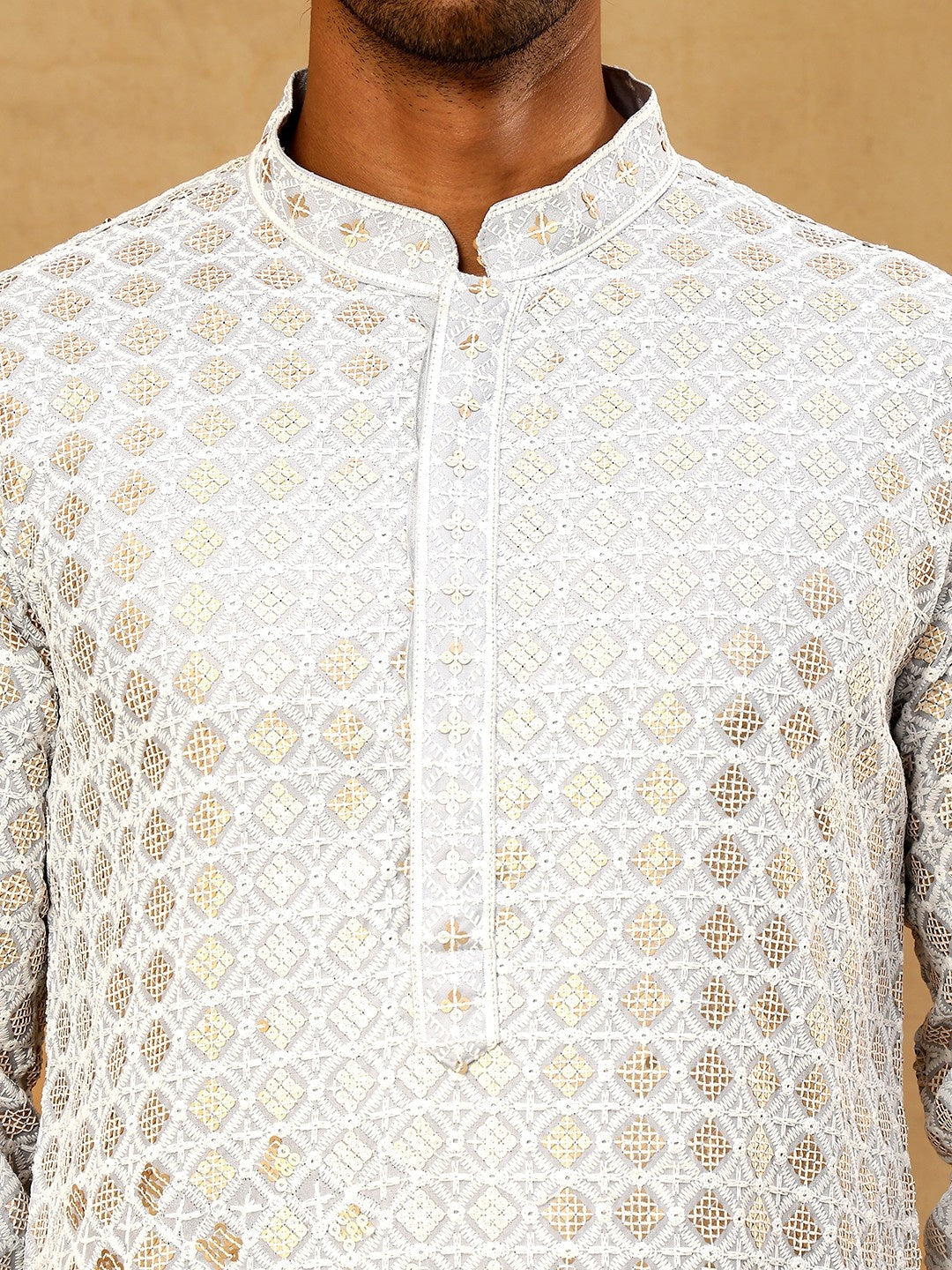 Men’s Rayon Sequin Embroidered Kurta Pyjama ( 65KP 5332Grey )