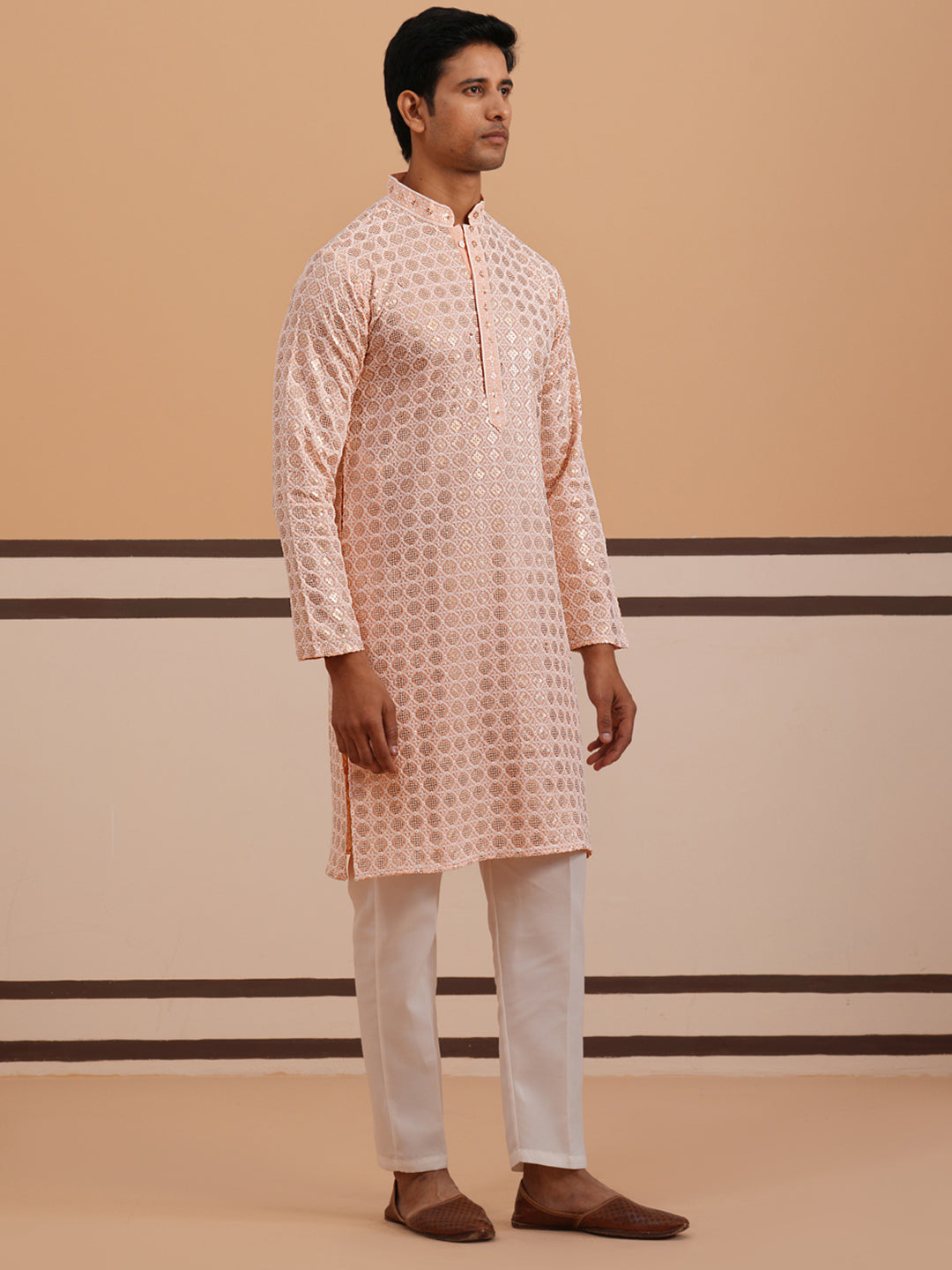 Men’s Rayon Sequin Embroidered Kurta Pyjama ( 65KP P 5332 P 5332Peach ) [FF] [E-8-7]