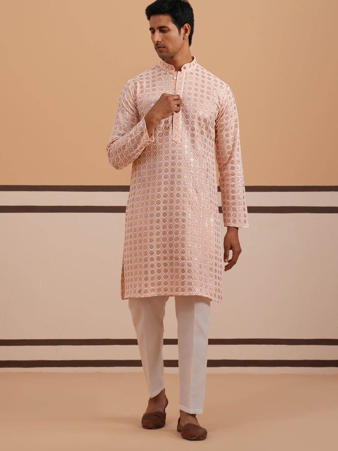 Men’s Rayon Sequin Embroidered Kurta Pyjama ( 65KP P 5332 P 5332Peach ) [FF] [E-8-7]