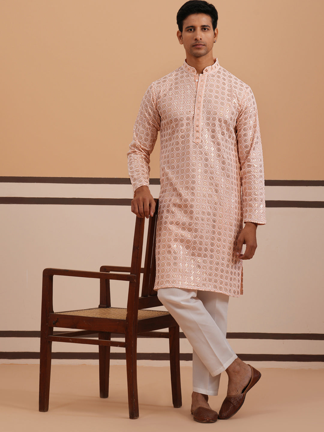 Men’s Rayon Sequin Embroidered Kurta Pyjama ( 65KP P 5332 P 5332Peach ) [FF] [E-8-7]