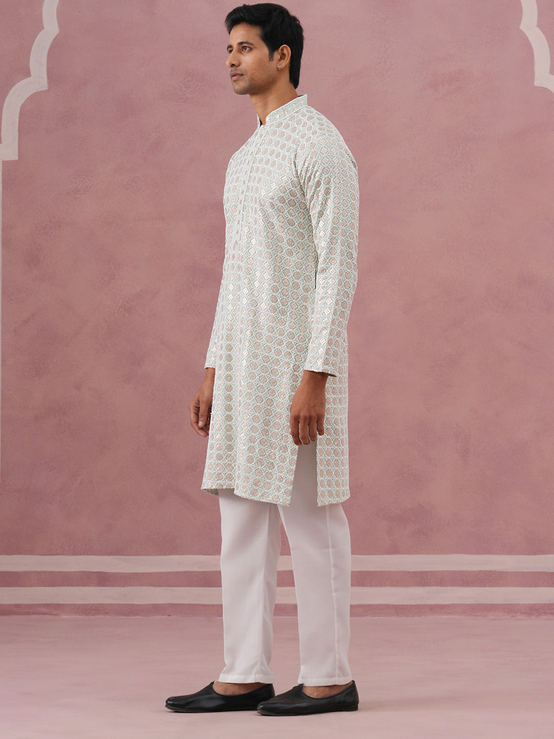 Men’s Rayon Sequin Embroidered Kurta Pyjama ( 65KP P 5332 P 5332Pista ) [FF] [E-8-7]