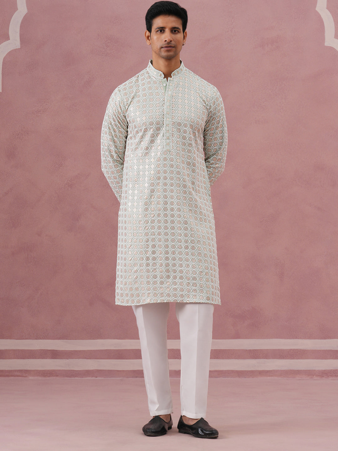 Men’s Rayon Sequin Embroidered Kurta Pyjama ( 65KP P 5332 P 5332Pista ) [FF] [E-8-7]