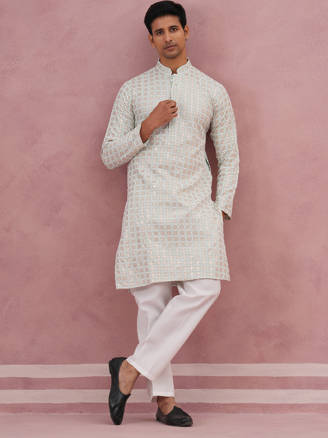 Men’s Rayon Sequin Embroidered Kurta Pyjama ( 65KP P 5332 P 5332Pista ) [FF] [E-8-7]