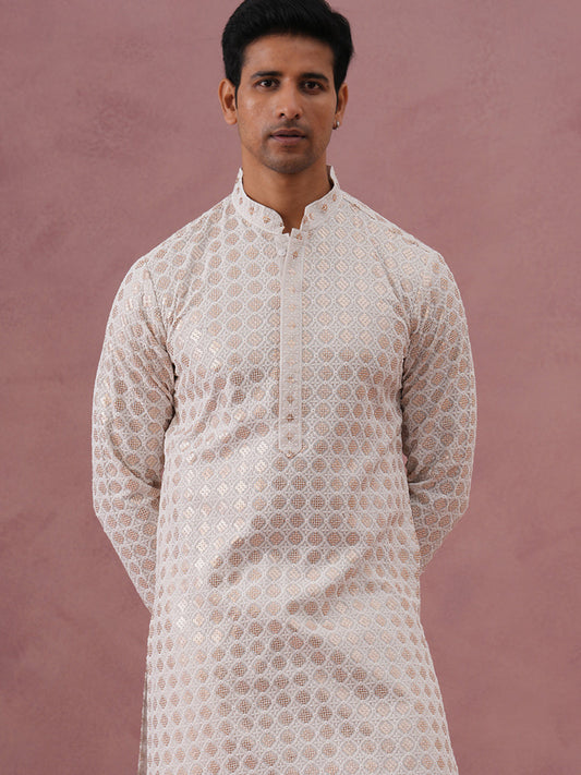 Men’s Rayon Sequin Embroidered Kurta Pyjama (65KP P 5332 White ) [FF] [E-8-7]