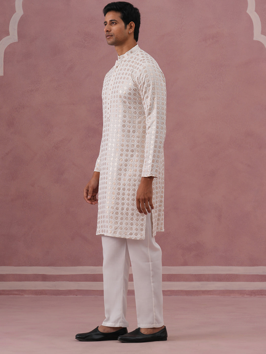 Men’s Rayon Sequin Embroidered Kurta Pyjama (65KP P 5332 White ) [FF] [E-8-7]