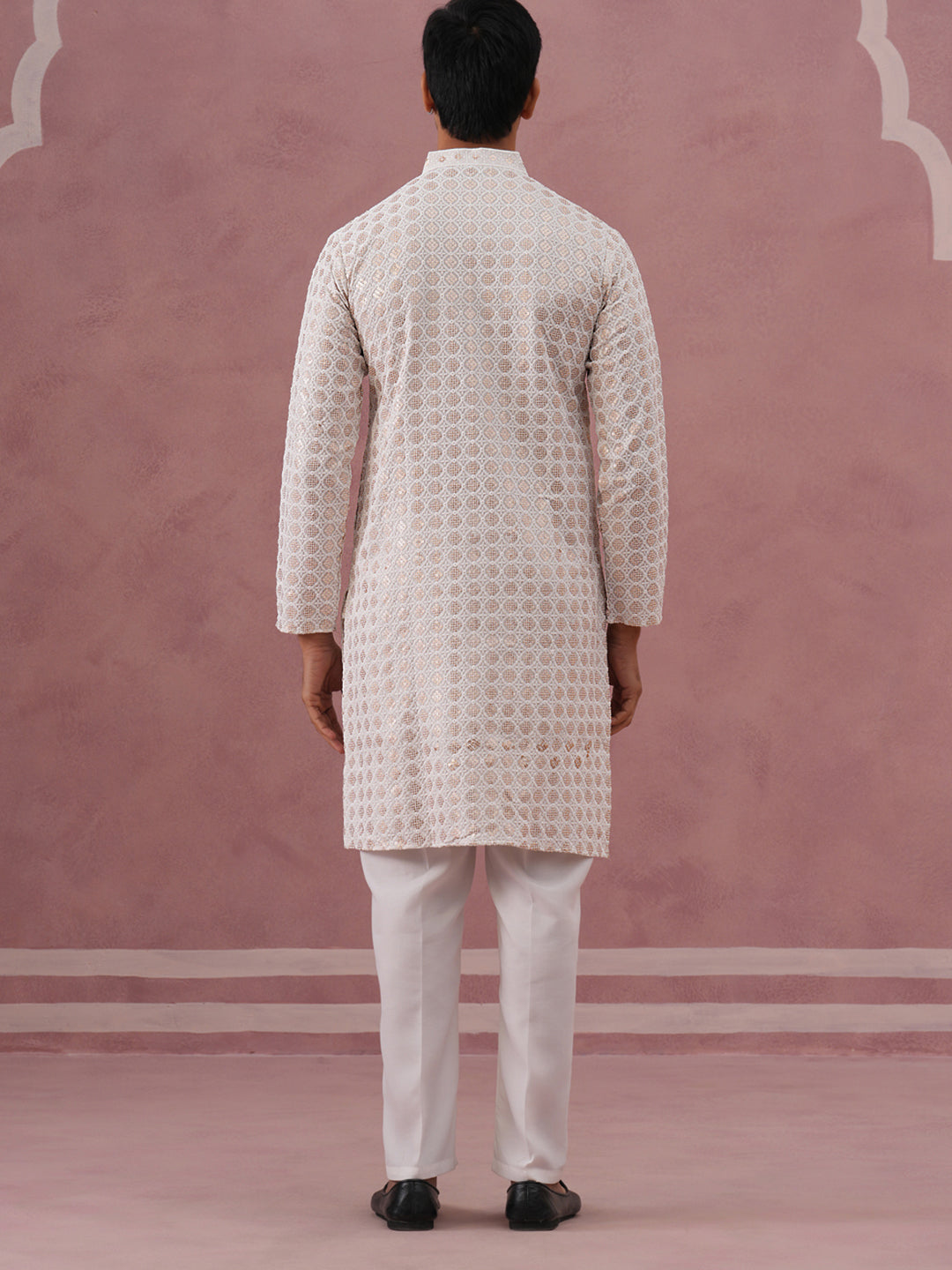 Men’s Rayon Sequin Embroidered Kurta Pyjama (65KP P 5332 White ) [FF] [E-8-7]