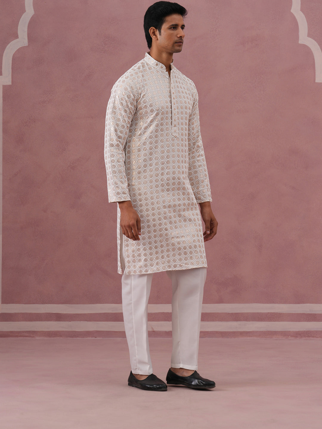 Men’s Rayon Sequin Embroidered Kurta Pyjama (65KP P 5332 White ) [FF] [E-8-7]