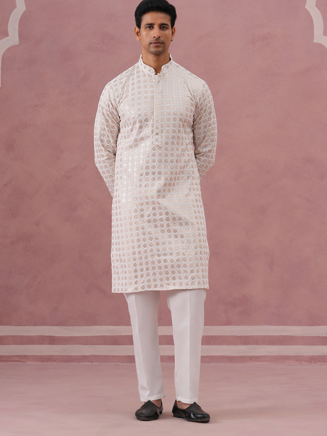 Men’s Rayon Sequin Embroidered Kurta Pyjama (65KP P 5332 White ) [FF] [E-8-7]