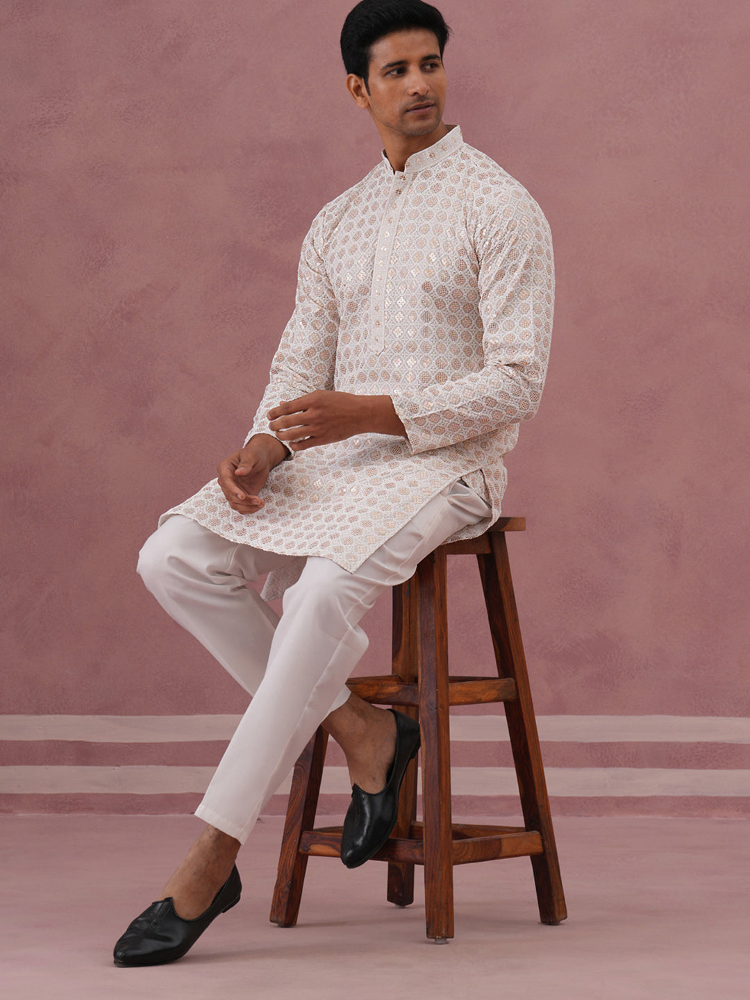 Men’s Rayon Sequin Embroidered Kurta Pyjama (65KP P 5332 White ) [FF] [E-8-7]