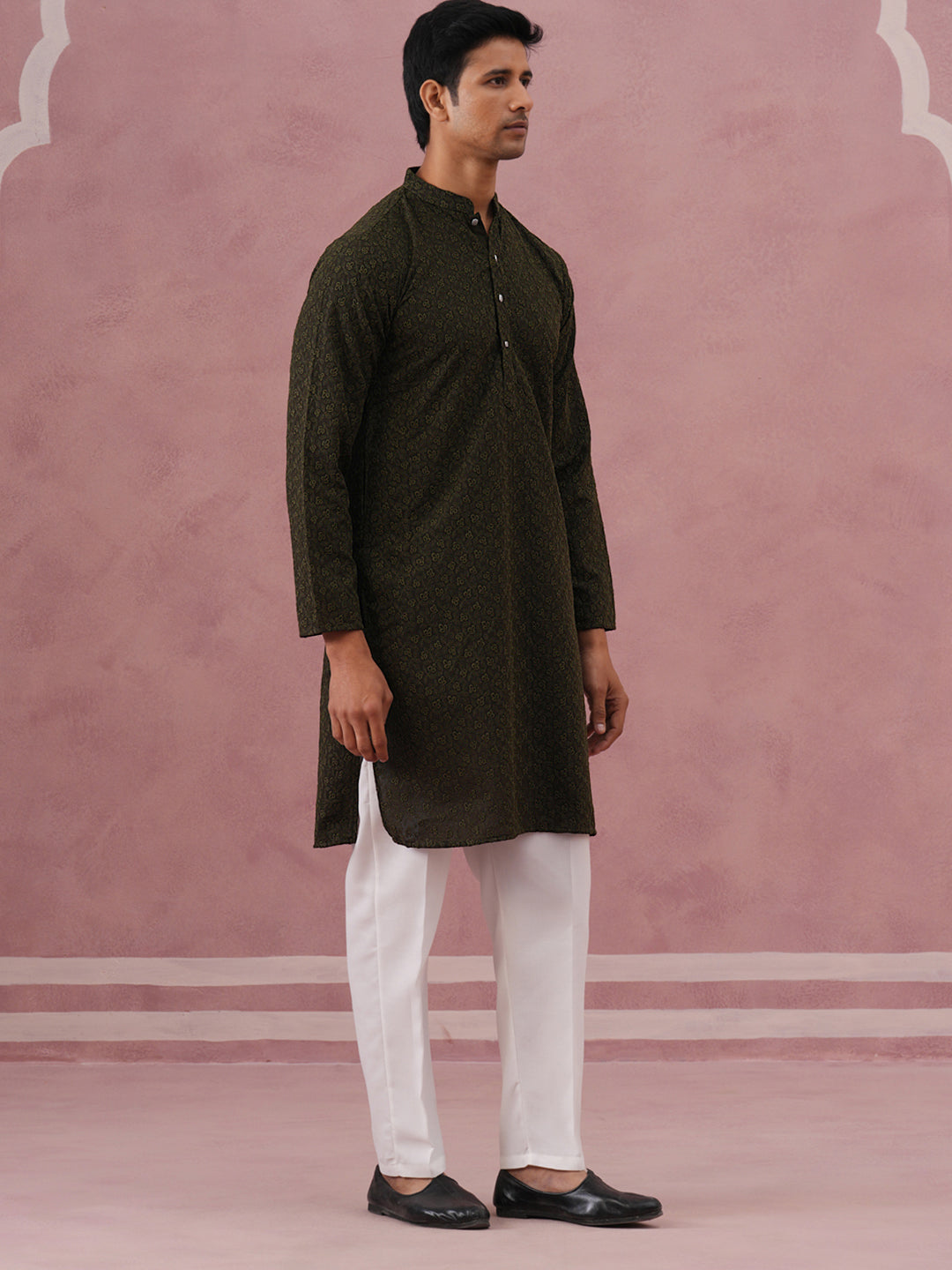Traditional Cotton Blend Embroidered Kurta Pyjama ( 65KP P 5334 P 5334Olive ) [FF] [F-1-2-3-4]