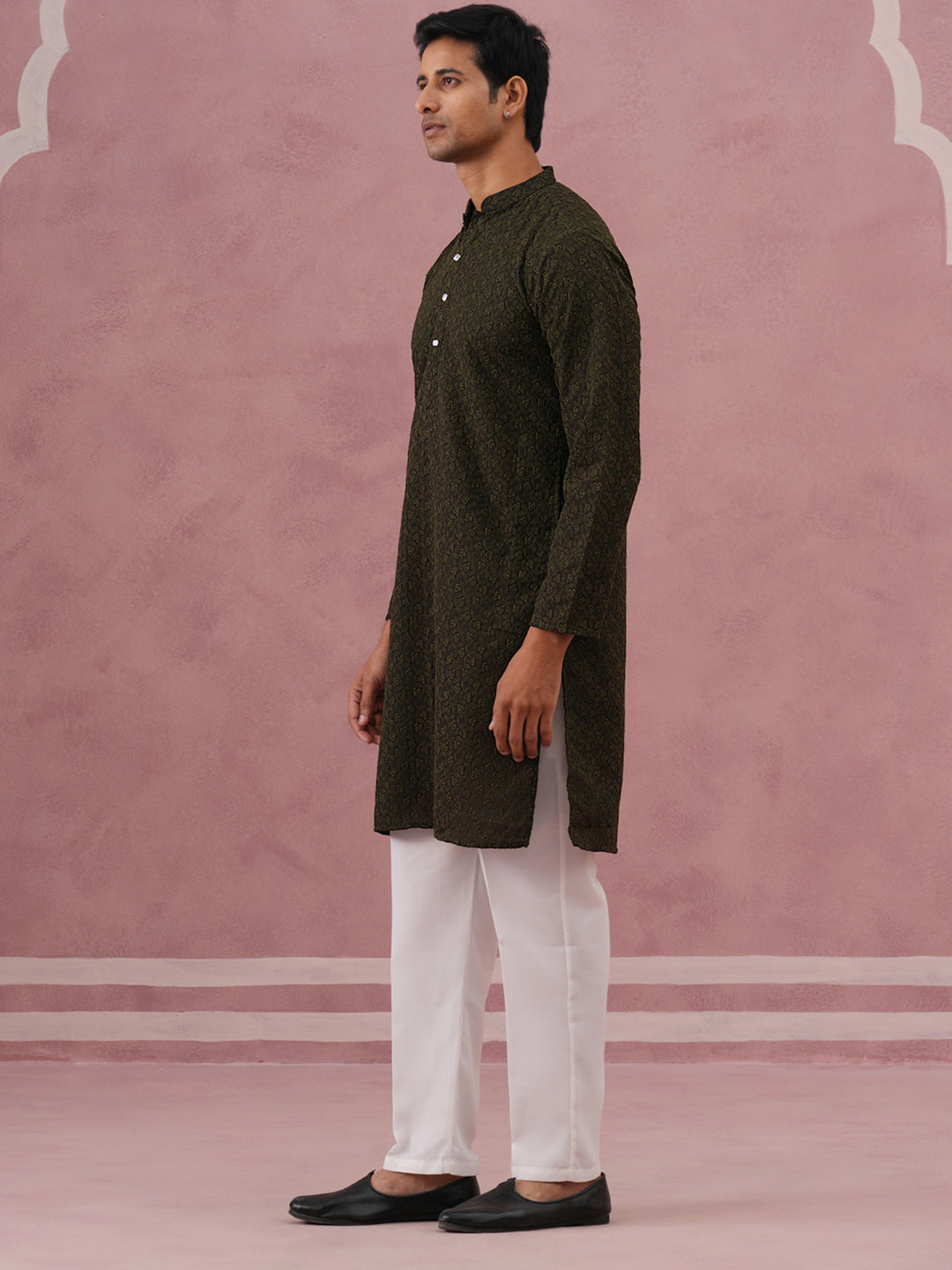 Traditional Cotton Blend Embroidered Kurta Pyjama ( 65KP P 5334 P 5334Olive ) [FF] [F-1-2-3-4]