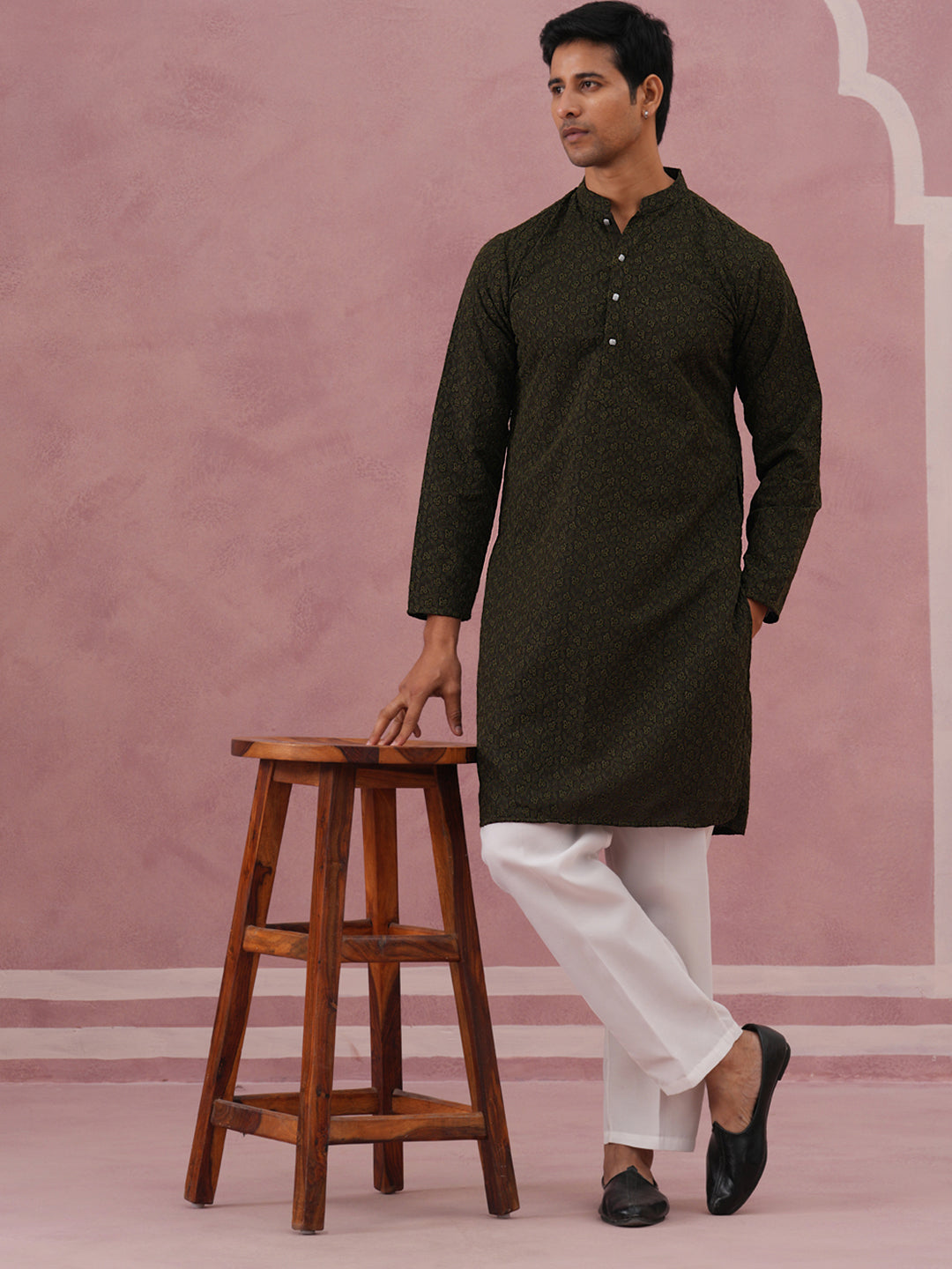 Traditional Cotton Blend Embroidered Kurta Pyjama ( 65KP P 5334 P 5334Olive ) [FF] [F-1-2-3-4]