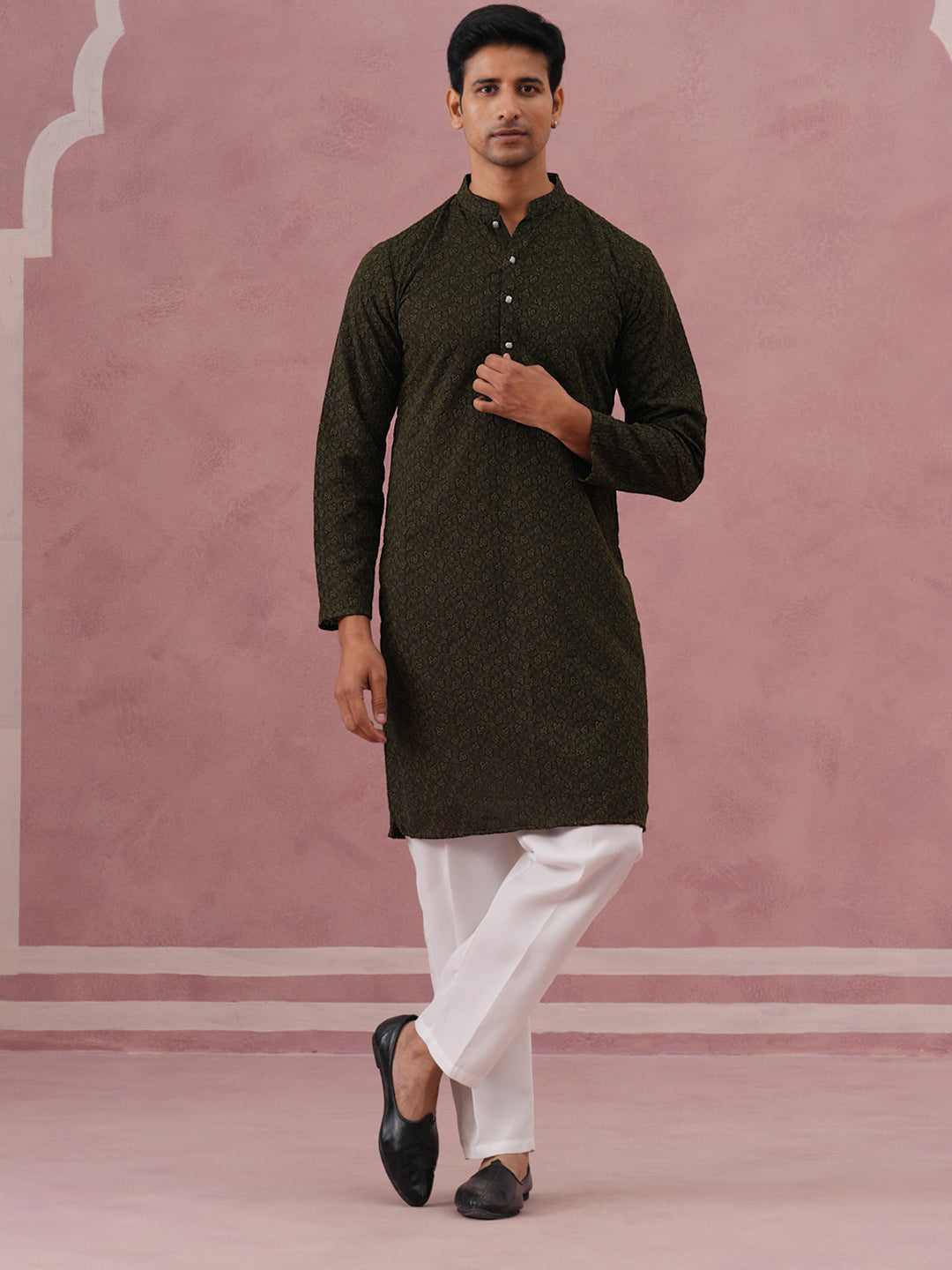 Traditional Cotton Blend Embroidered Kurta Pyjama ( 65KP P 5334 P 5334Olive ) [FF] [F-1-2-3-4]