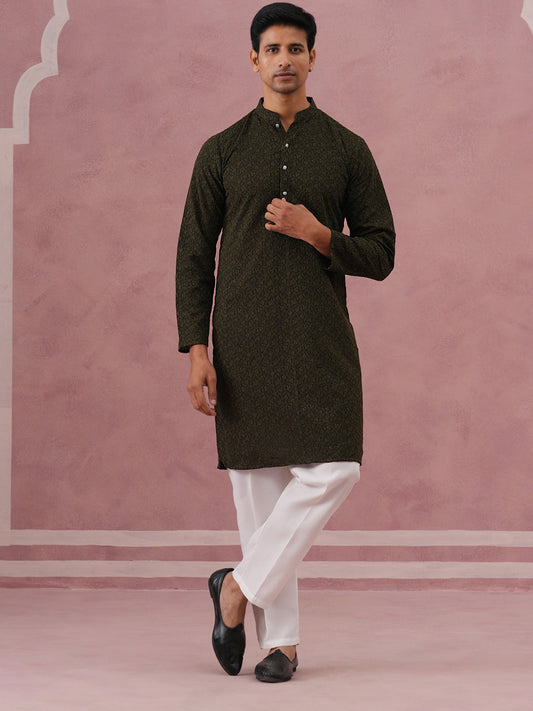 Traditional Cotton Blend Embroidered Kurta Pyjama ( 65KP P 5334 P 5334Olive ) [FF] [F-1-2-3-4]